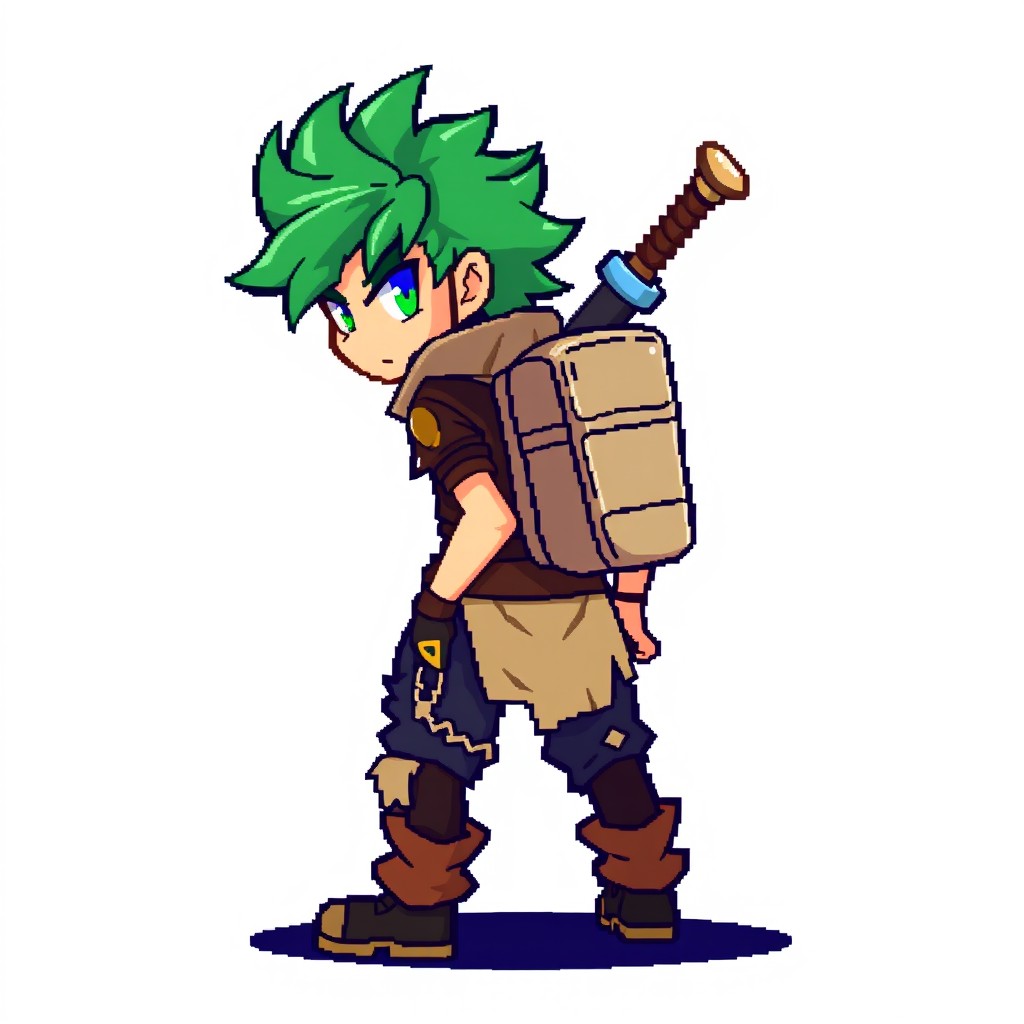 A vibrant 16x32 pixel sprite of a main character featuring bright colors to ensure they stand out against the background