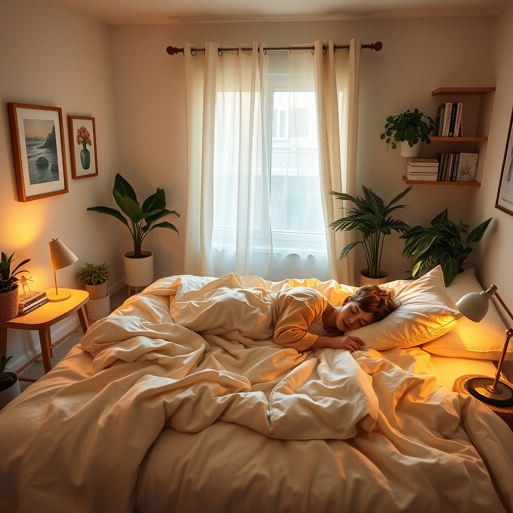 A serene and cozy bedroom scene featuring a comfortable bed with soft, inviting blankets and pillows