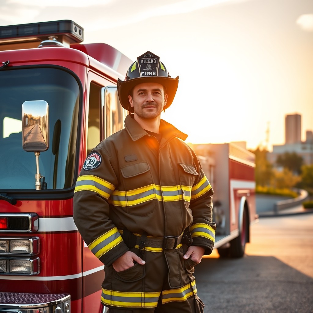 A heroic fireman standing proudly next to a bright red fire truck