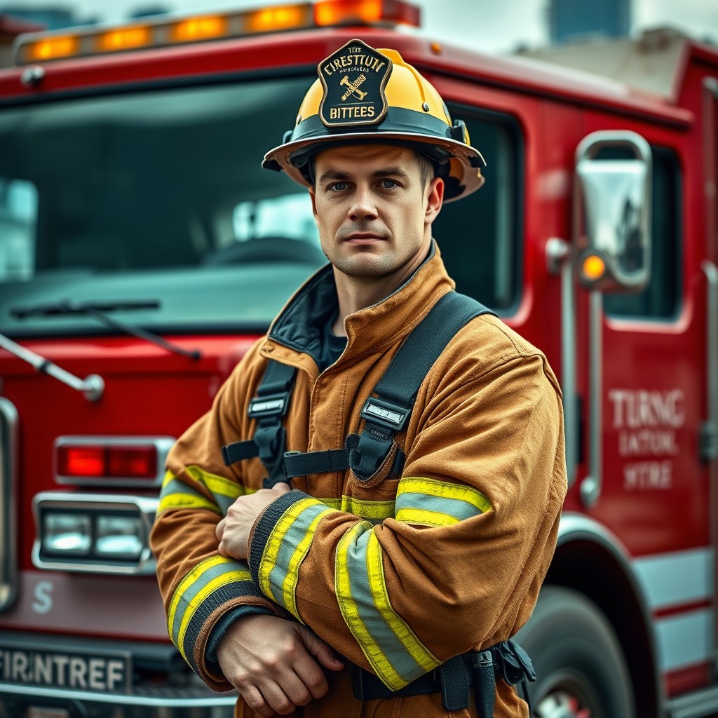 A determined fireman standing next to a shiny red fire truck, ready for action