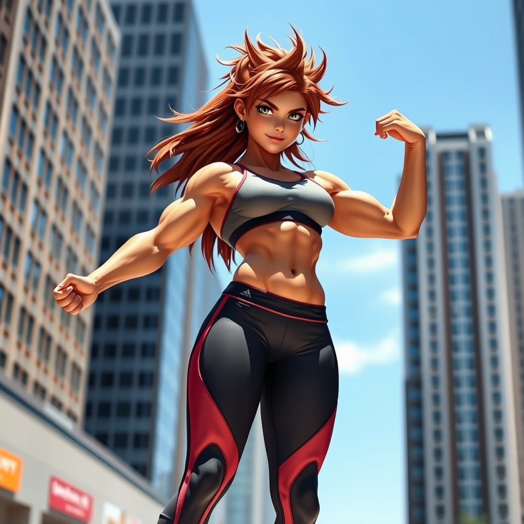 A very tall muscular girl, standing confidently in a dynamic pose