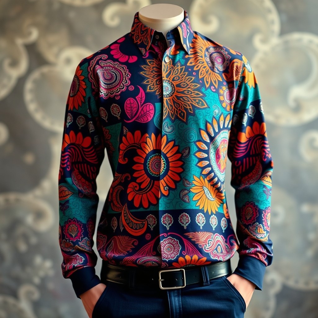 A vibrant, artistic display of traditional batik fabric featuring intricate designs, bold color patterns, and various motifs, showcased on a stylish jersey garment