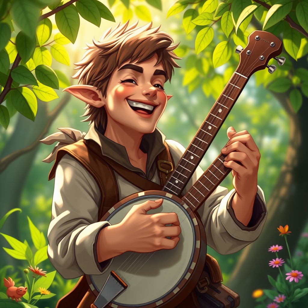 A half-elf man bard with short brown hair, sporting stylish clothing
