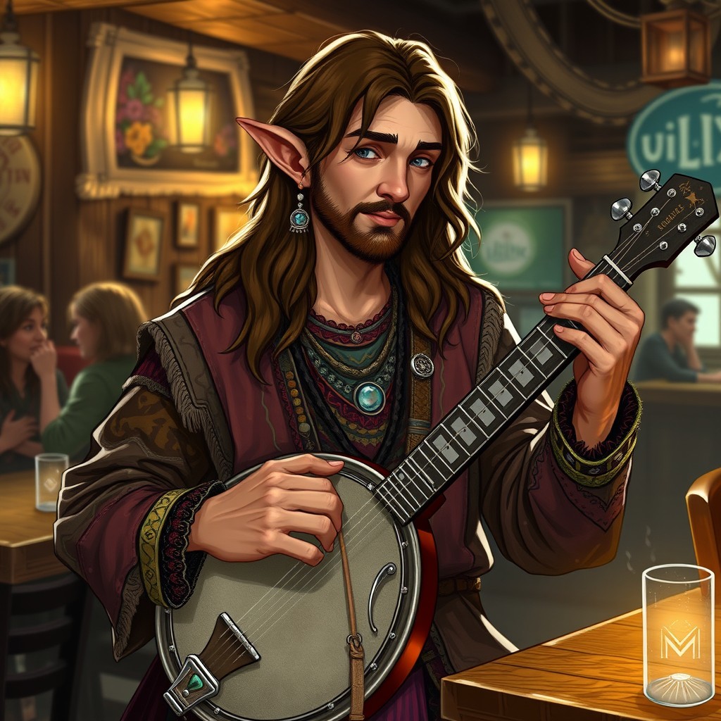 A middle-aged half-elf bard, showcasing long, slightly curly brown hair, strumming a banjo