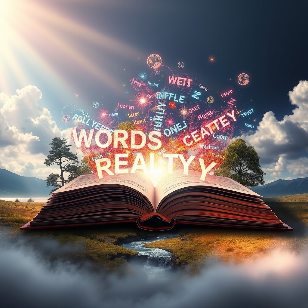 Words create reality, a visually captivating scene depicting an open book with glowing, vibrant words swirling around it, merging with elements of nature like trees and rivers, symbolizing how language shapes our world