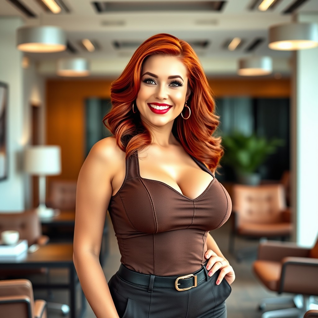 A glamorous secretary with fair skin and fiery red hair, showcasing a curvy figure with pronounced curves