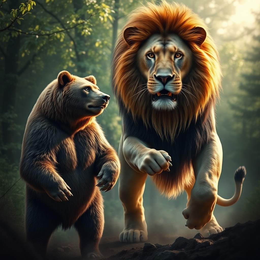 A powerful and dramatic scene depicting a bear and a lion in a natural setting