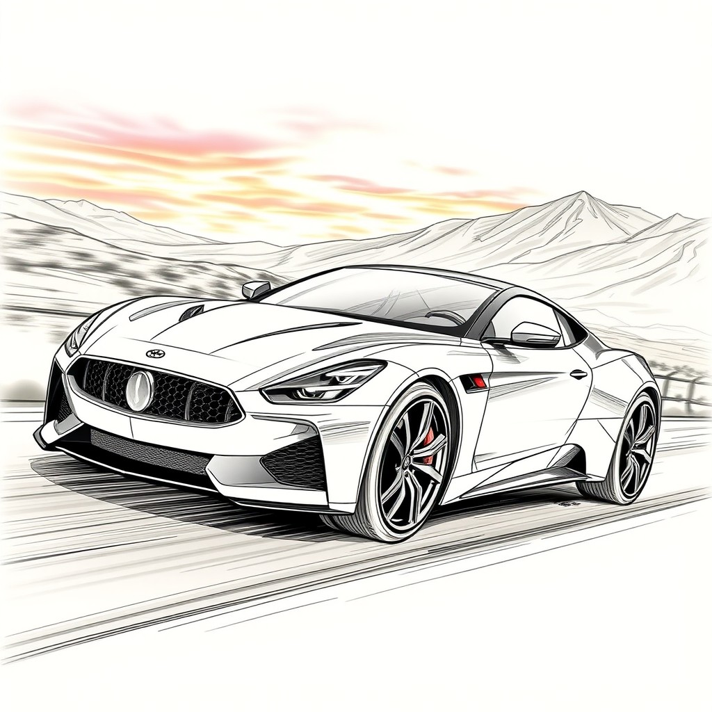 A detailed and artistic sketch of a sleek, modern sports car, showcasing its aerodynamic curves and sharp edges