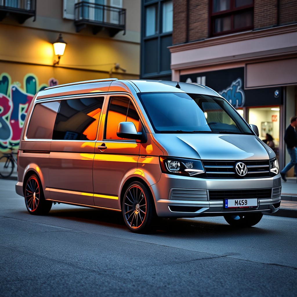 A sleek Volkswagen Transporter T5 van with stylish alloy rims taken from BMW, parked in an urban environment