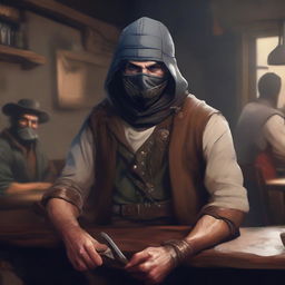 This digital art image vividly illustrates a poorly dressed bandit in a bustling tavern