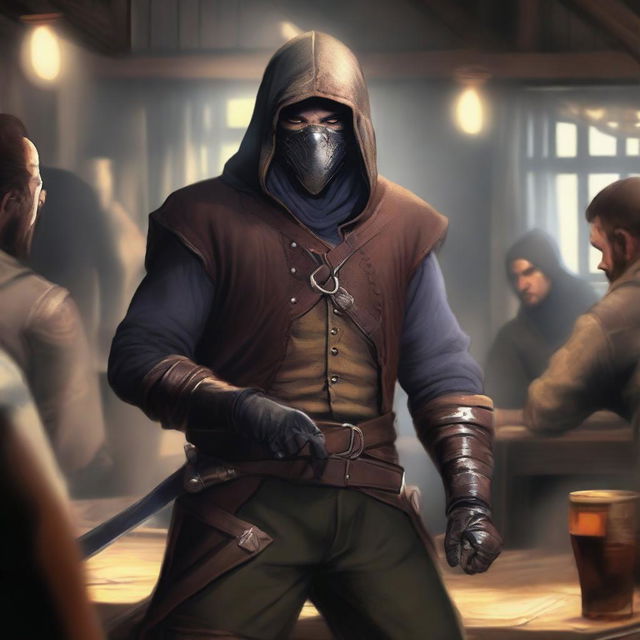 This digital art image vividly illustrates a poorly dressed bandit in a bustling tavern