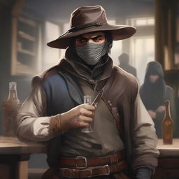 This digital art image vividly illustrates a poorly dressed bandit in a bustling tavern