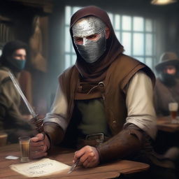 This digital art image vividly illustrates a poorly dressed bandit in a bustling tavern