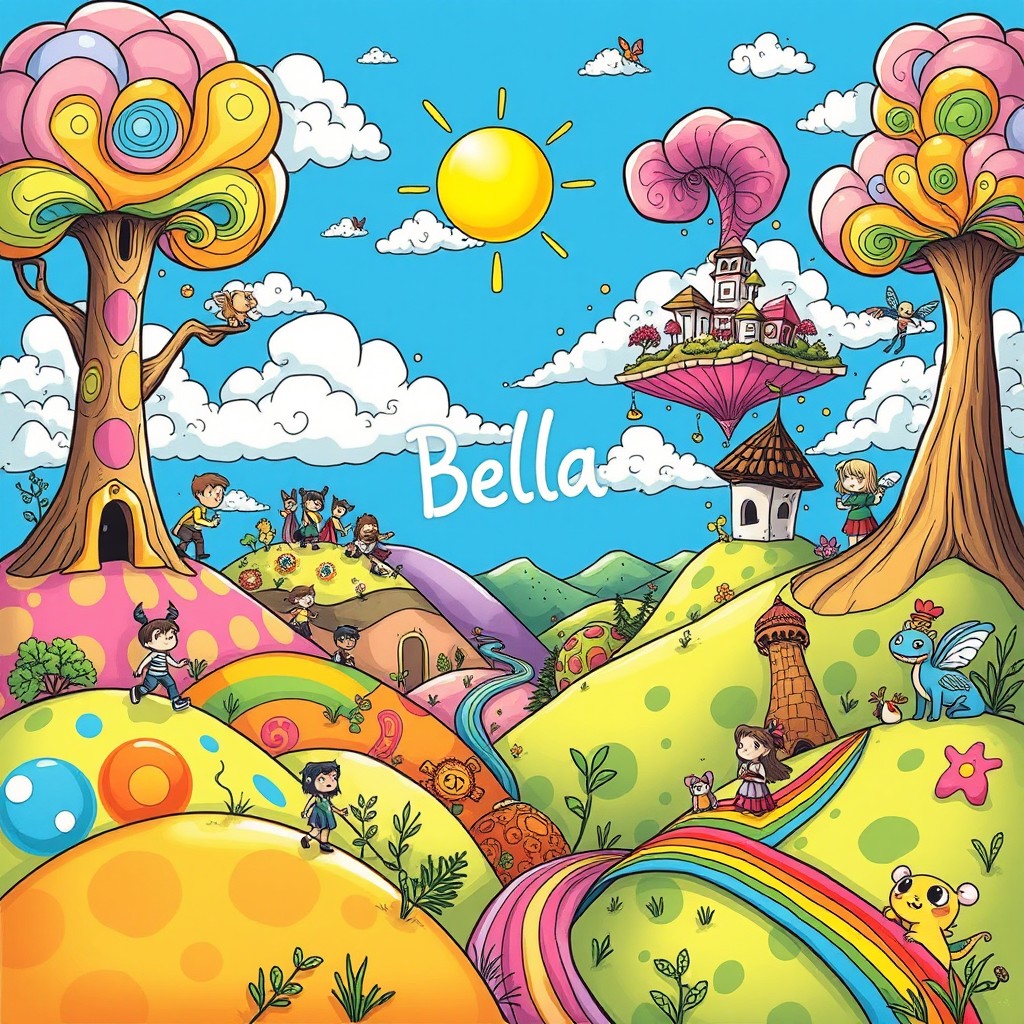 A vibrant and imaginative doodle of a fantastical world called 'Bella', filled with unique and whimsical landscapes