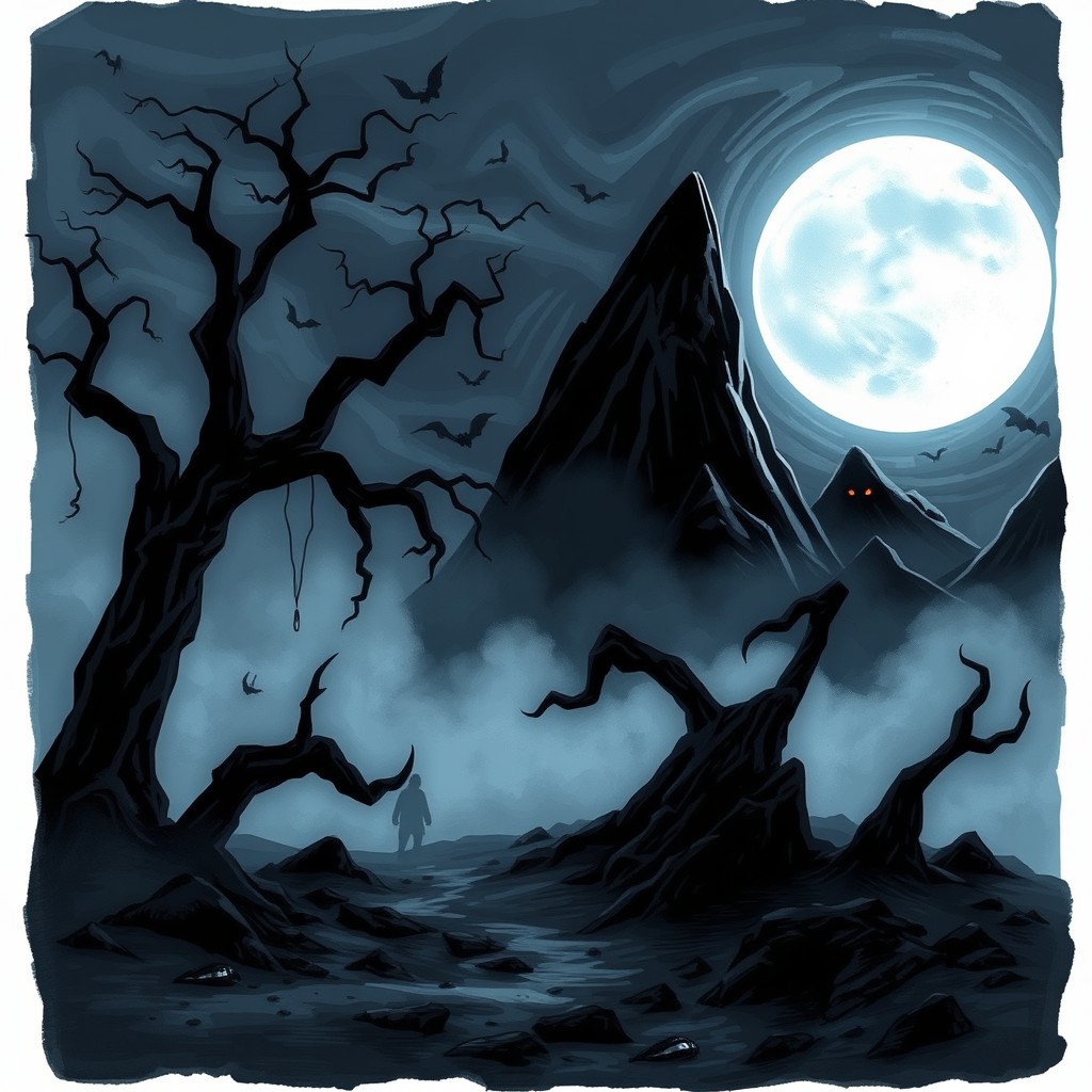 A dark and eerie doodle of a world called 'Bella', portraying a mysterious and ominous landscape