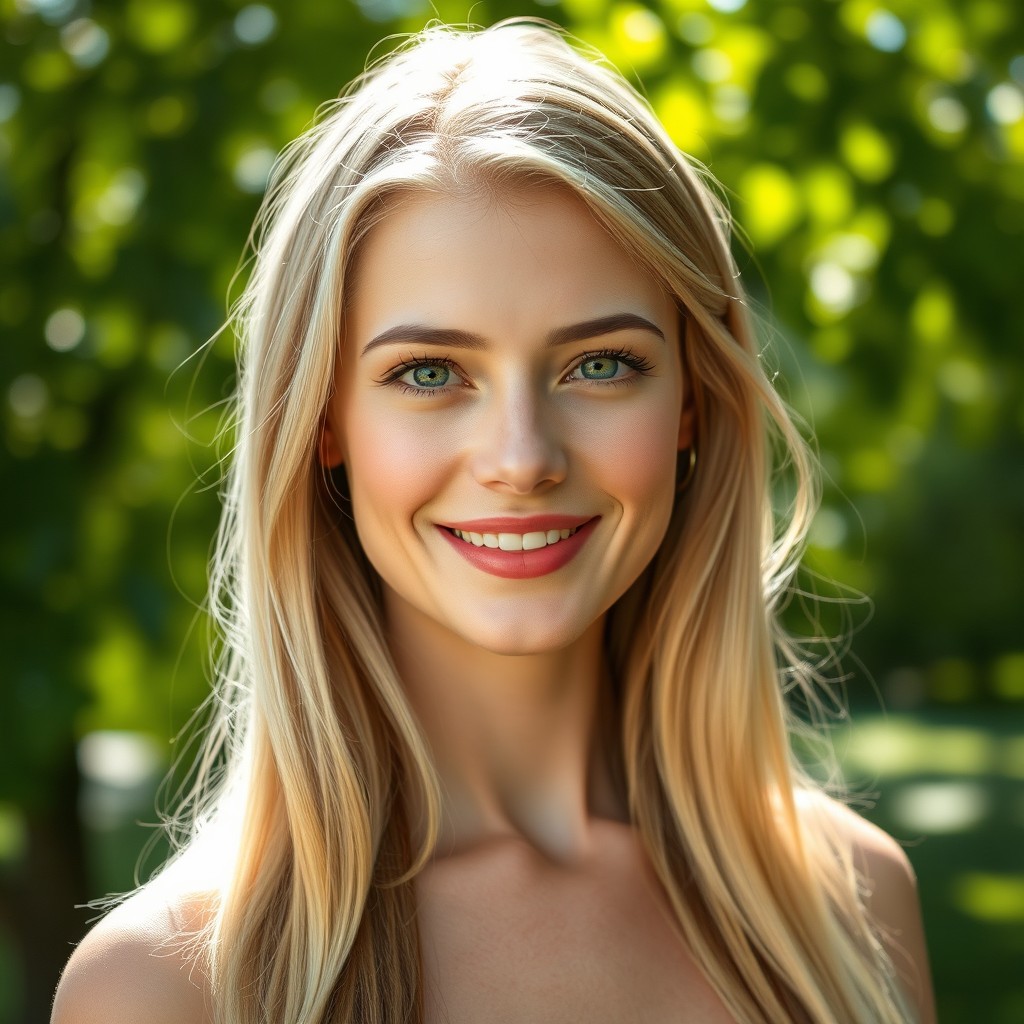 A realistic portrait of a beautiful young woman with blonde hair, fair skin, and a warm, charming smile