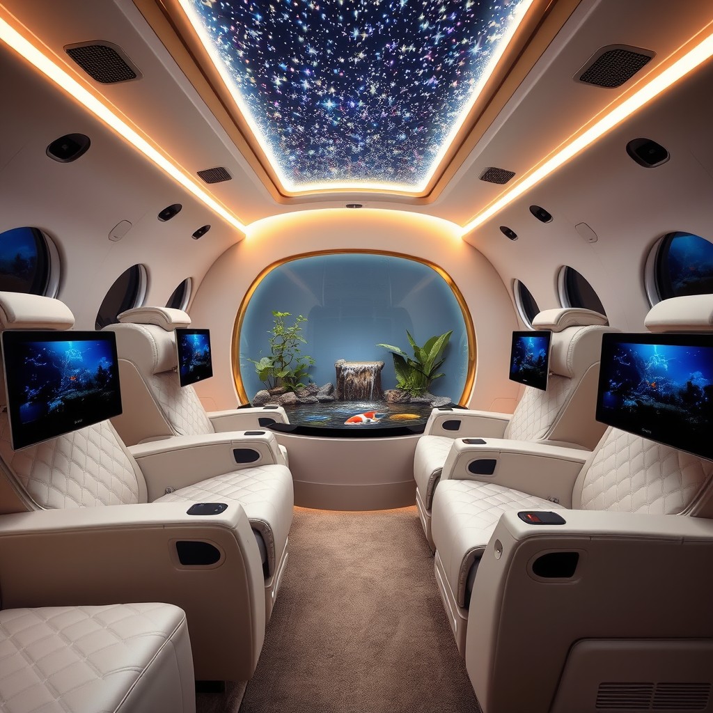 A luxurious cabin interior featuring four royal lounge seats upholstered in quilted white leather