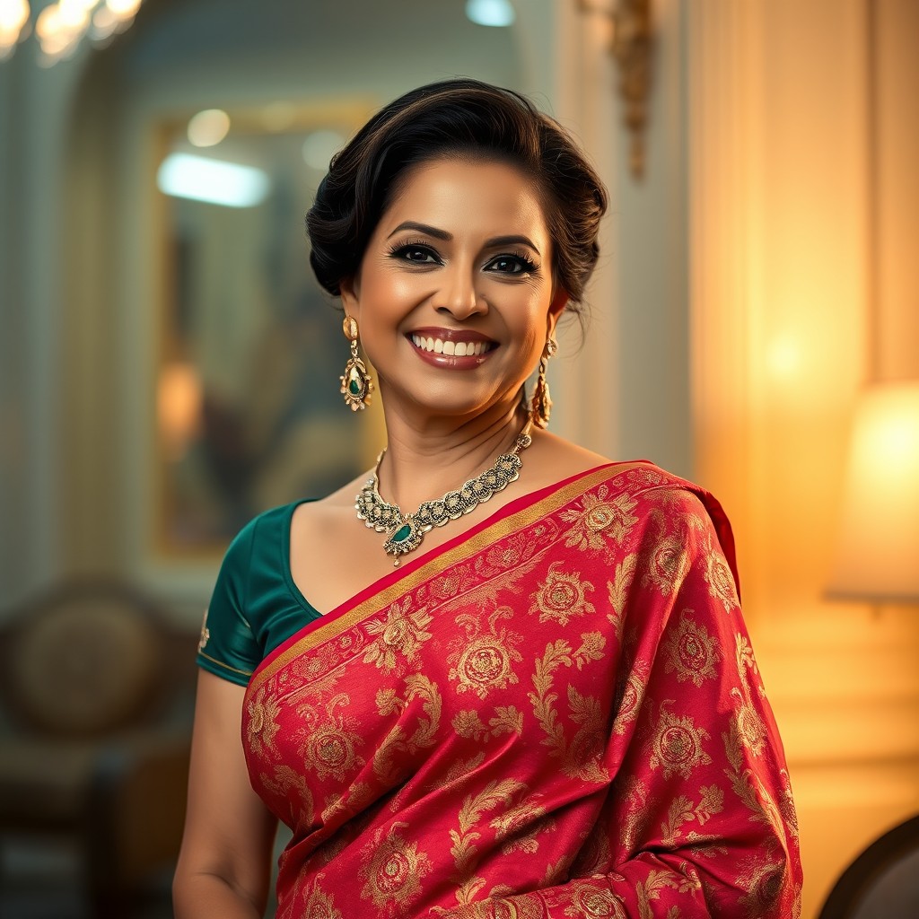 A glamorous mature woman exuding confidence while wearing a beautifully embellished saree