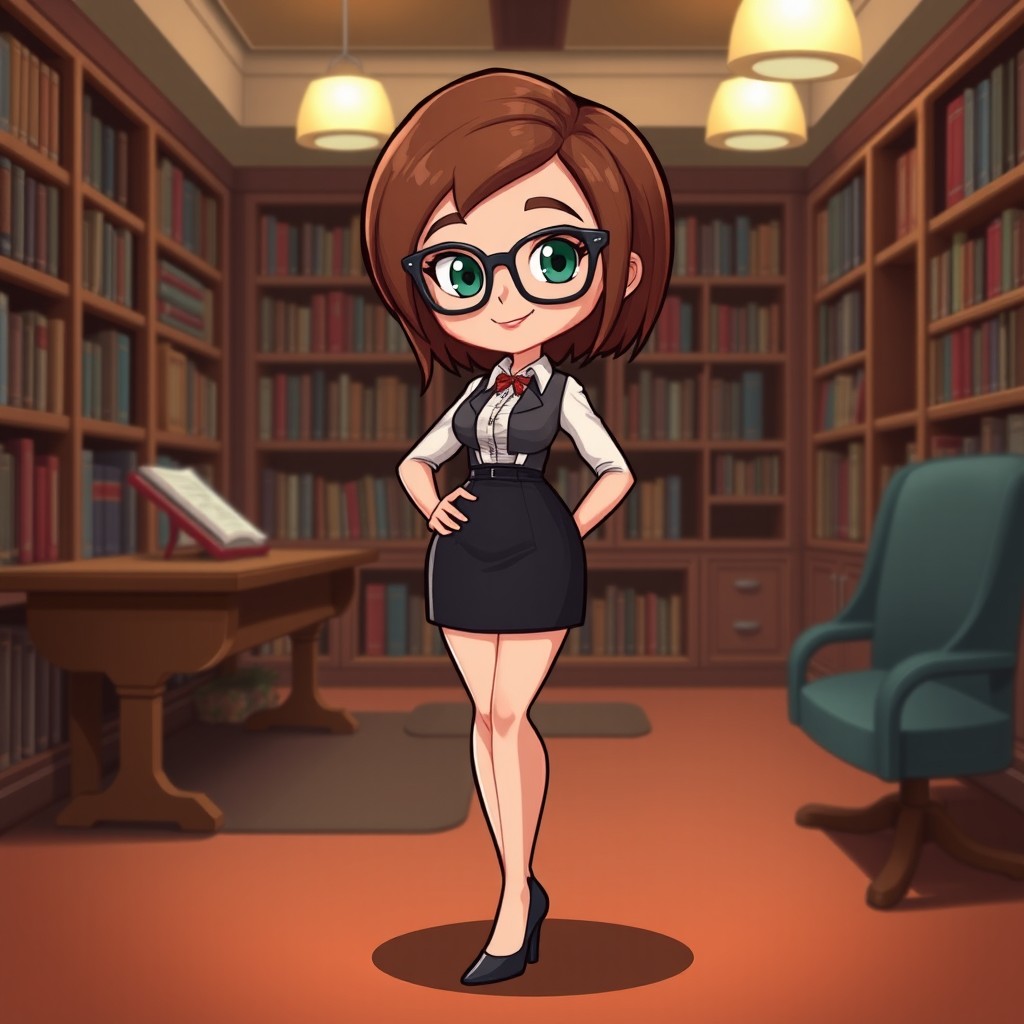A cartoon female librarian character for a 2D game, featuring short brown hair styled neatly