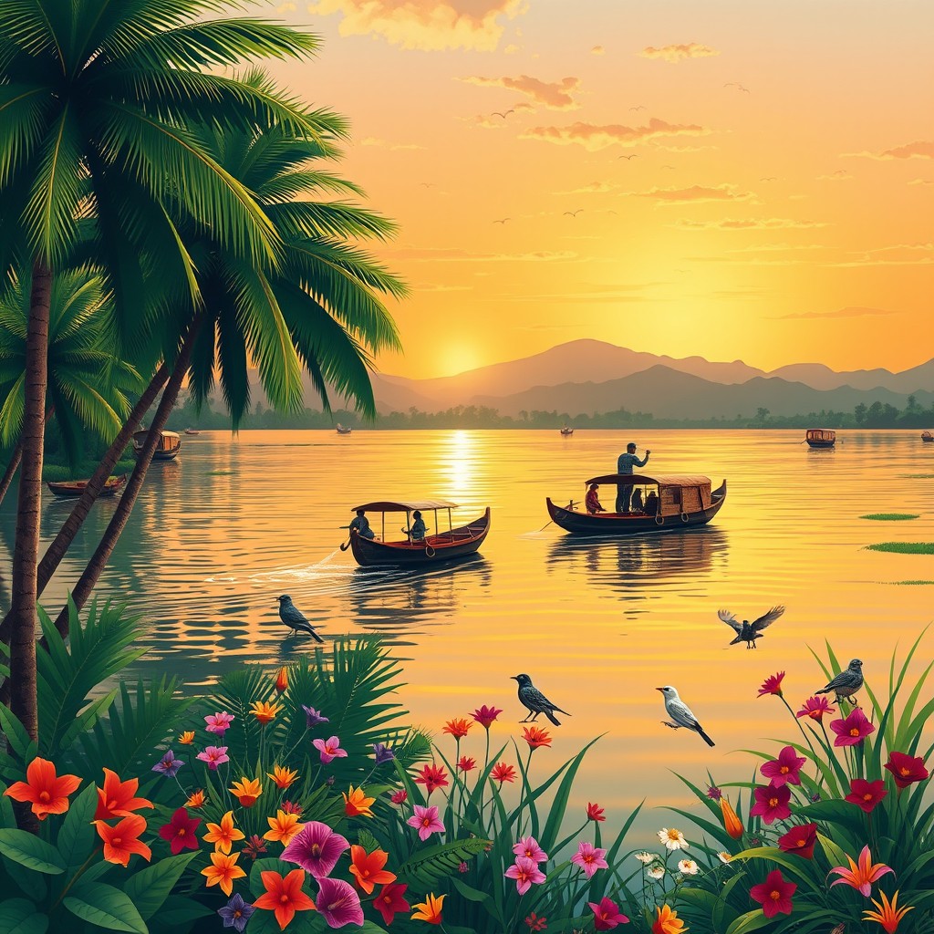A beautiful illustration of a serene backwater scene in Kerala, showcasing lush green coconut palms, tranquil waters, and traditional houseboats gliding smoothly