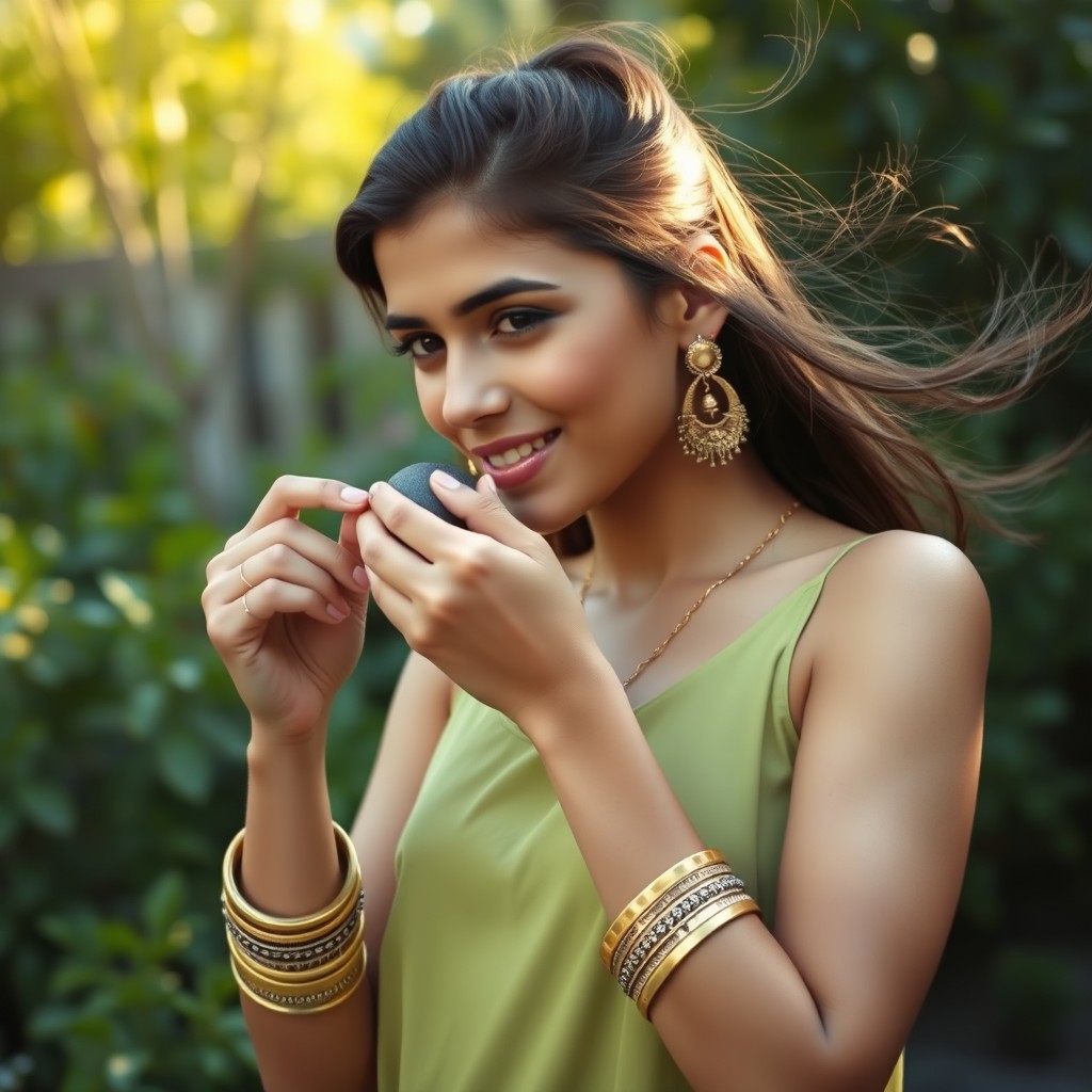 A young woman is wearing beautiful brass jewelry, including intricate bangles and earrings, standing outdoors in a serene setting