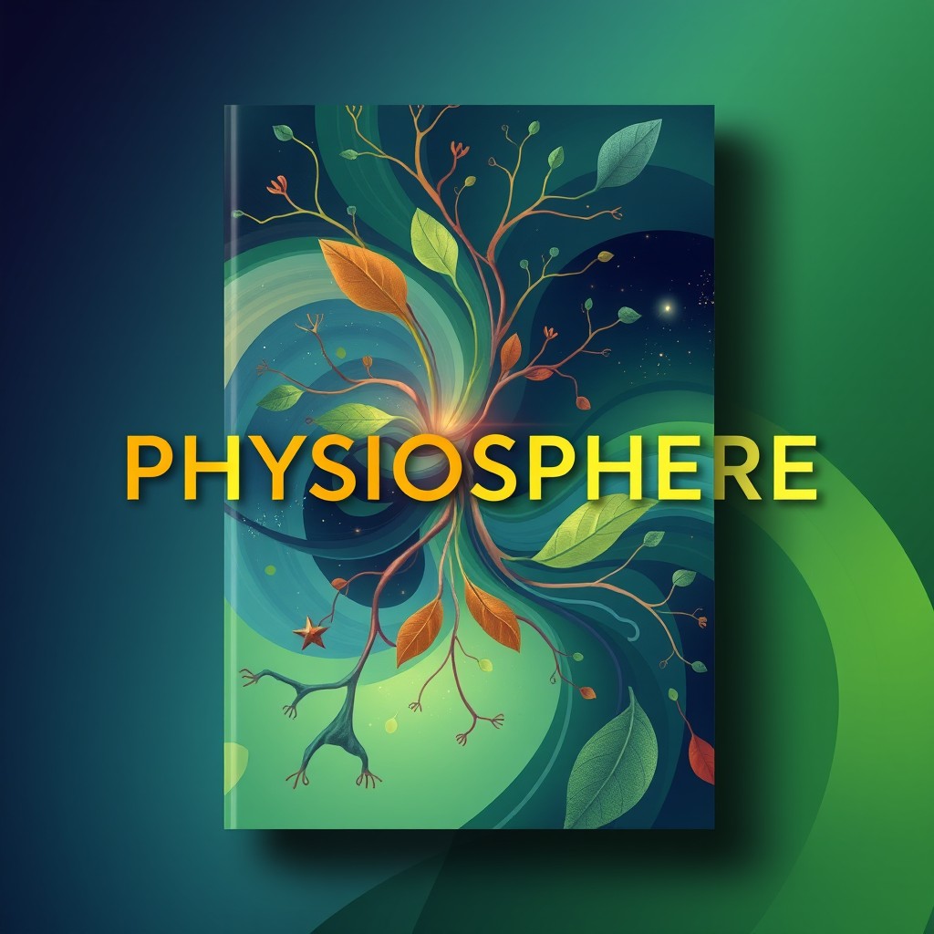 A thought-provoking and abstract book cover design for 'PHYSIOSPHERE' that visually represents the connection between physiology and the world around us