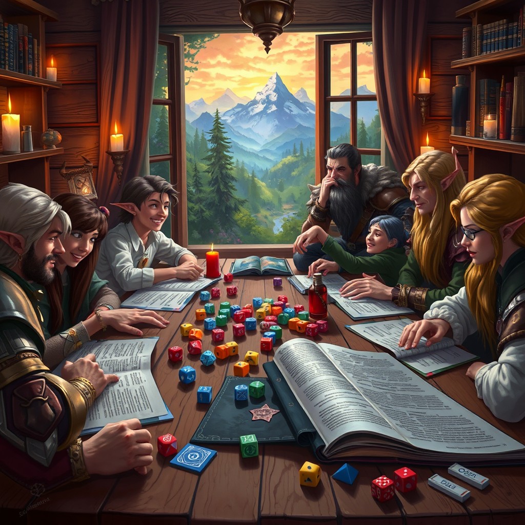 A vibrant and detailed tabletop scene depicting a Dungeons & Dragons (D&D) game in progress