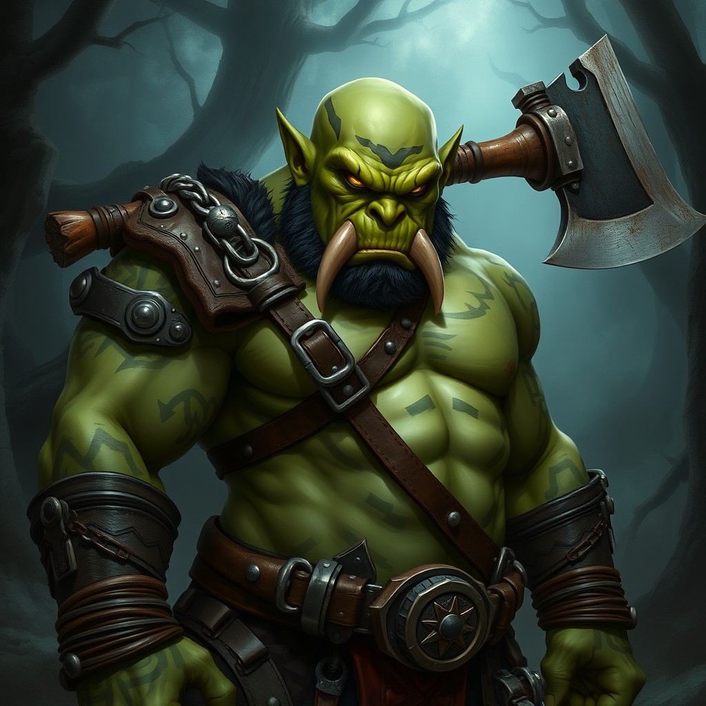 A fierce-looking bald orc character from Dungeons and Dragons 5E, standing confidently in a dramatic pose, showcasing his muscular physique and tribal tattoos