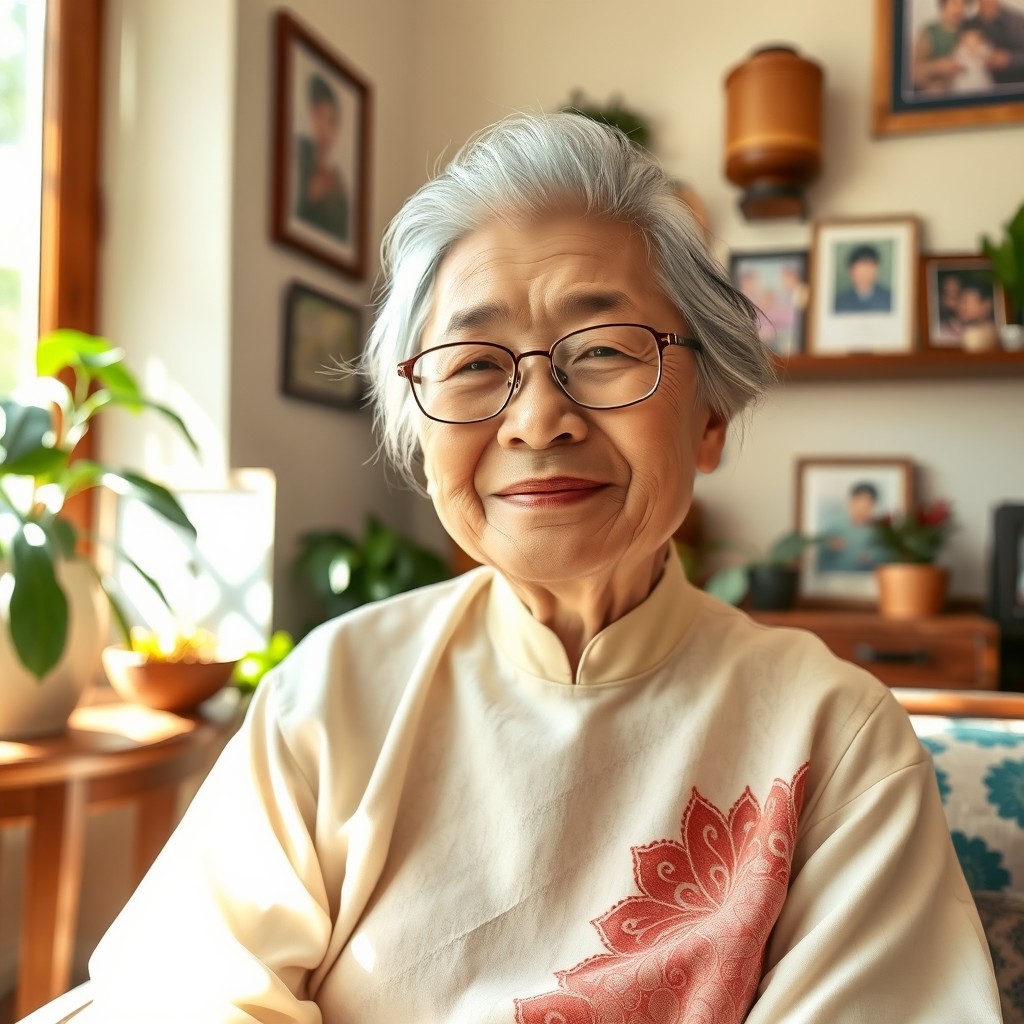 An elderly Asian woman with a gentle smile, wearing traditional clothing, sitting in a cozy living room adorned with family photos and plants