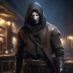 The digital art image masterfully portrays a poorly dressed bandit in a night tavern, clutching a small, shoddy sword