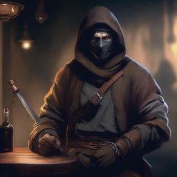 The digital art image masterfully portrays a poorly dressed bandit in a night tavern, clutching a small, shoddy sword