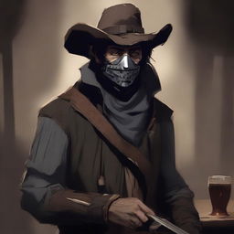 The digital art image masterfully portrays a poorly dressed bandit in a night tavern, clutching a small, shoddy sword