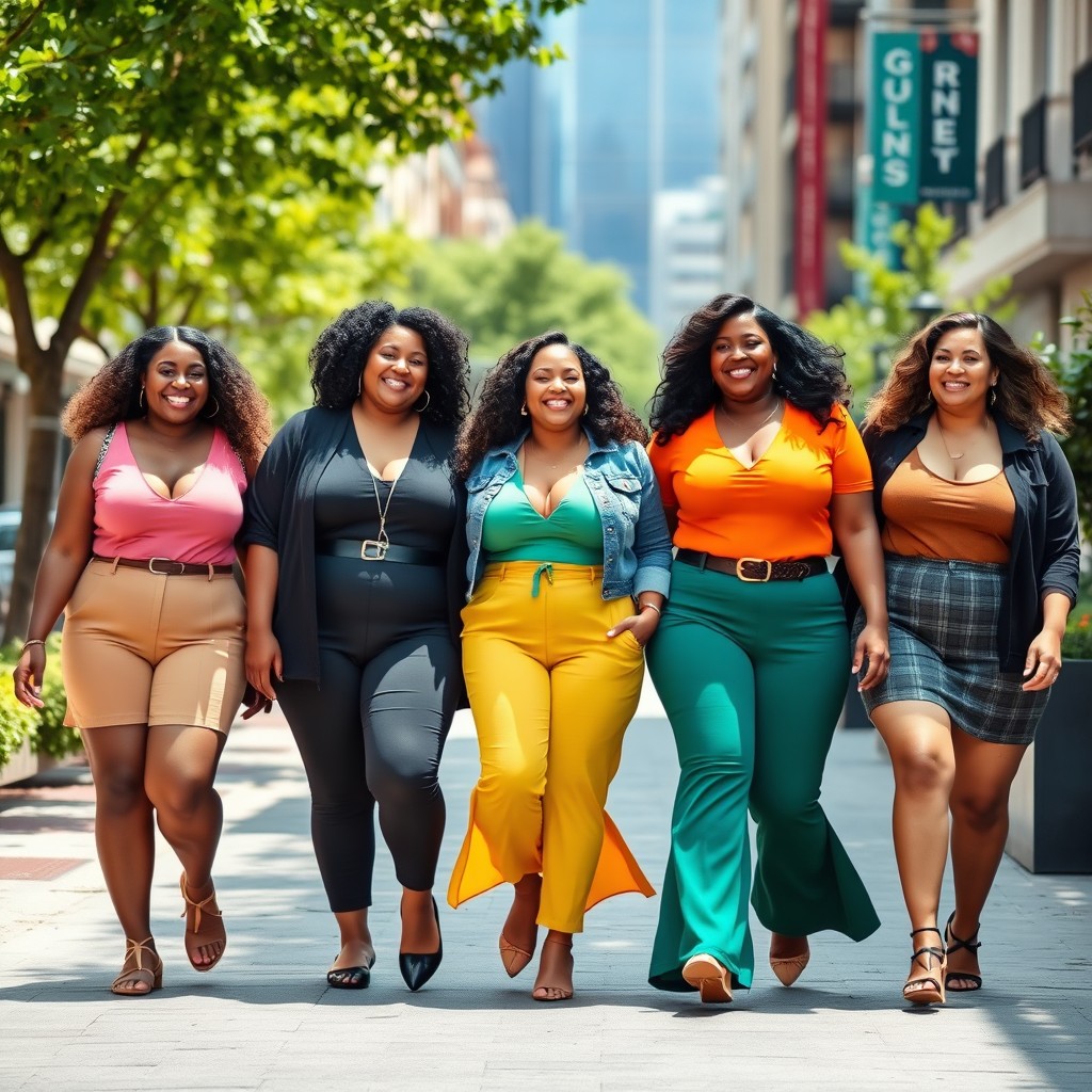 Five curvy women walking together in a joyful manner in a vibrant city street