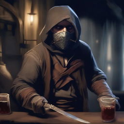 The digital art image masterfully portrays a poorly dressed bandit in a night tavern, clutching a small, shoddy sword