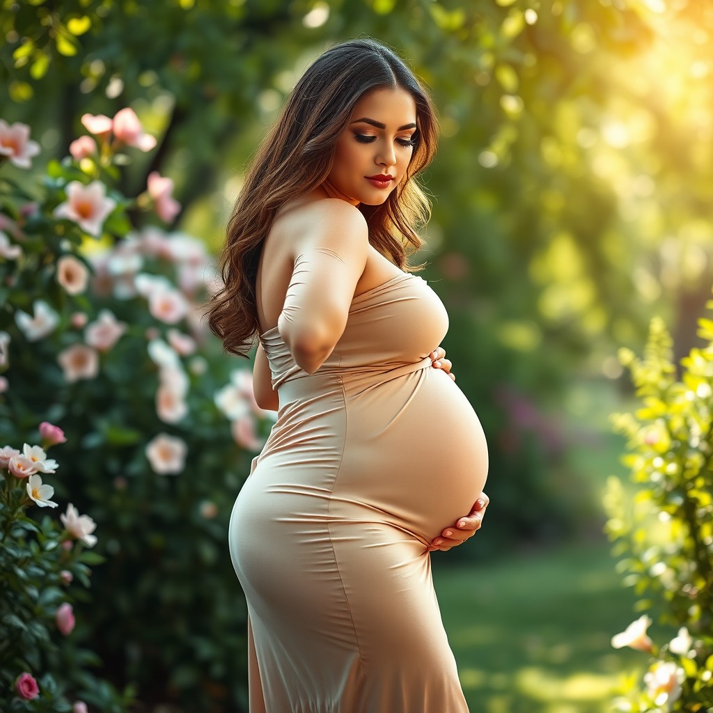 A voluptuous pregnant woman with an ample, curvy figure, highlighting her pregnancy glow and elegant posture, wearing a stylish, flowing dress that accentuates her shape