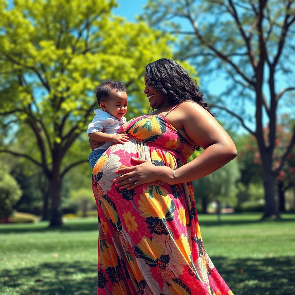 A giant pregnant woman with large curves, passionately talking to her child, showcasing a warm and caring expression