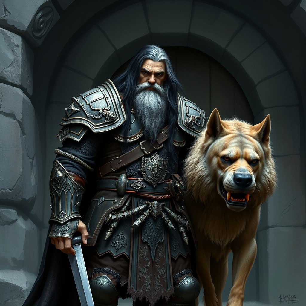 A strong dwarven war cleric standing proudly beside a tomb entrance, adorned in heavy, intricate armor that reflects a mix of historical and fantasy elements