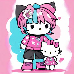 An image of a Hello Kitty character with masculine features, sporting long wavy hair, standing beside a Hello Kitty character with feminine features, showcasing an emo haircut