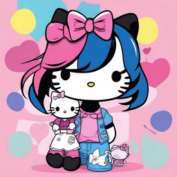 An image of a Hello Kitty character with masculine features, sporting long wavy hair, standing beside a Hello Kitty character with feminine features, showcasing an emo haircut