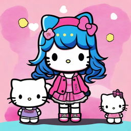 An image of a Hello Kitty character with masculine features, sporting long wavy hair, standing beside a Hello Kitty character with feminine features, showcasing an emo haircut