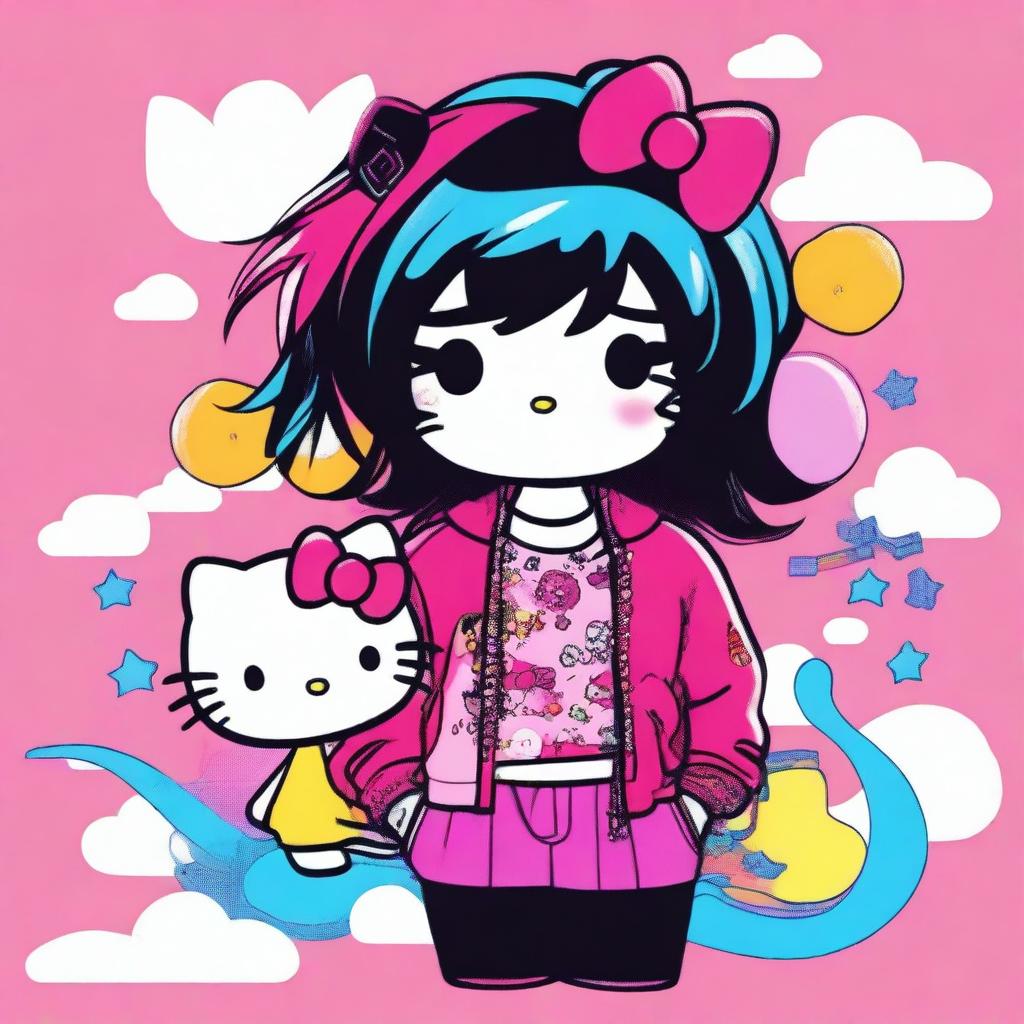 An image of a Hello Kitty character with masculine features, sporting long wavy hair, standing beside a Hello Kitty character with feminine features, showcasing an emo haircut