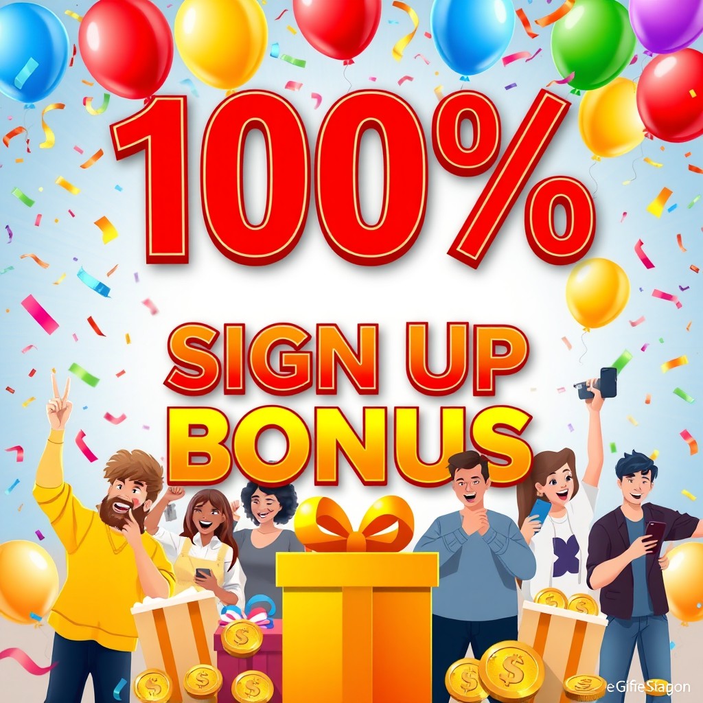 An eye-catching promotional poster depicting a vibrant and attractive design for a "100% Sign Up Bonus" offer
