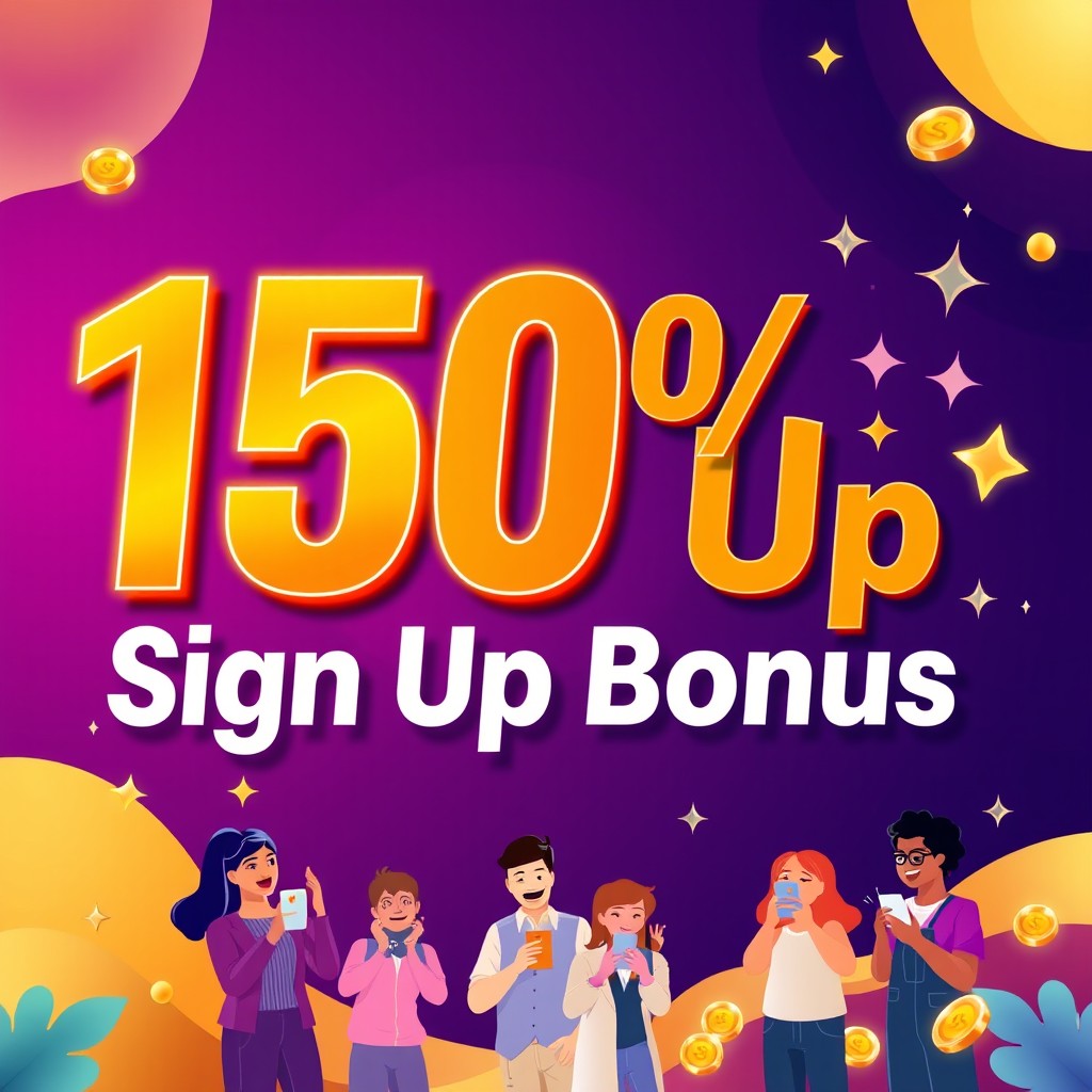 A visually striking promotional graphic for a "150% Sign Up Bonus" offer