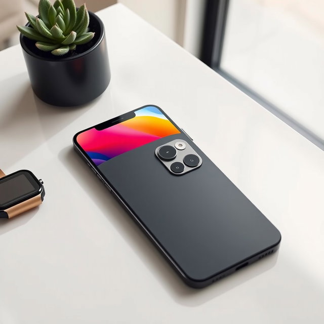 The latest iPhone 17 Pro lying elegantly on a sleek modern table, showcasing its stunning design with a new matte finish