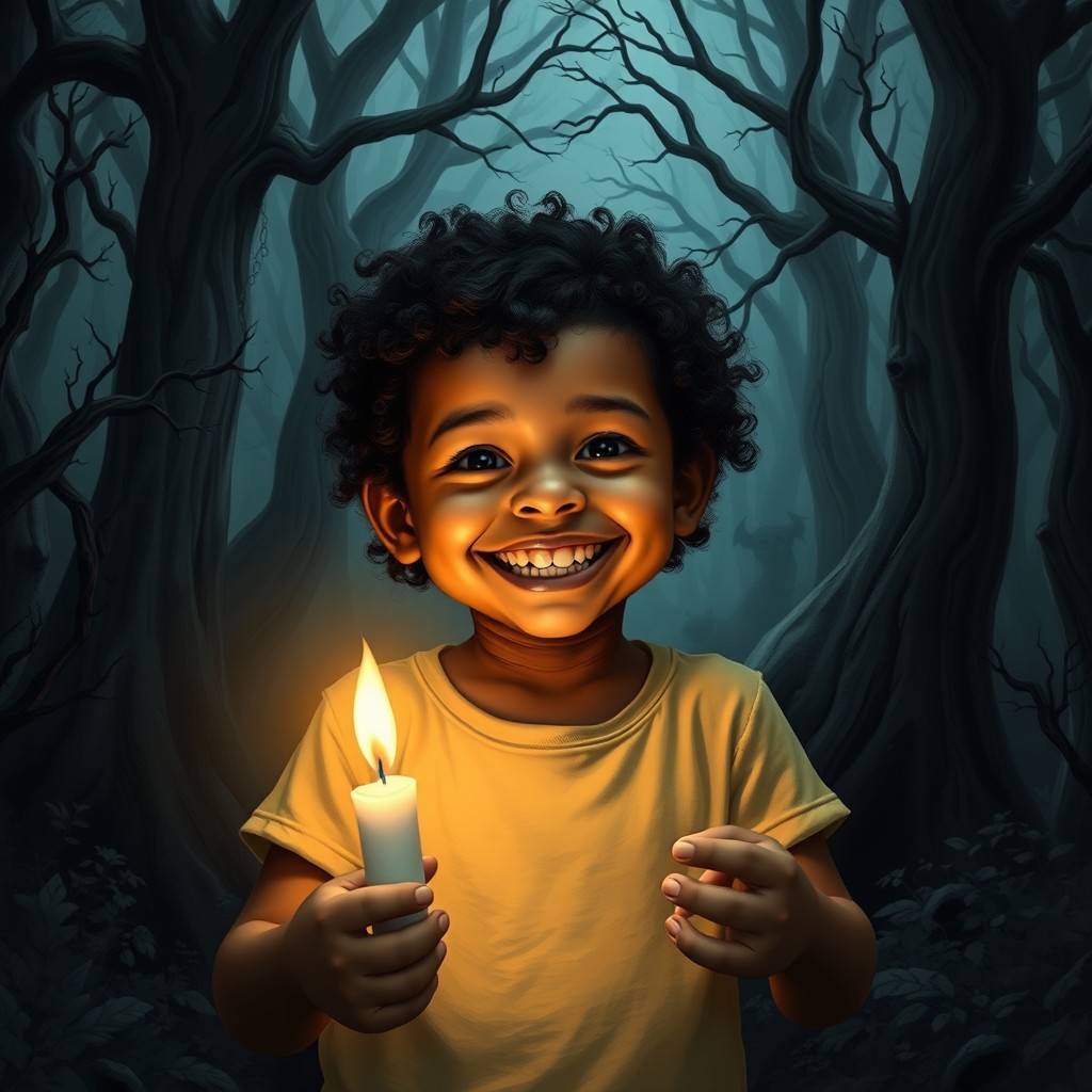 A young multiracial child smiling brightly while holding a glowing candle in a dark and eerie forest