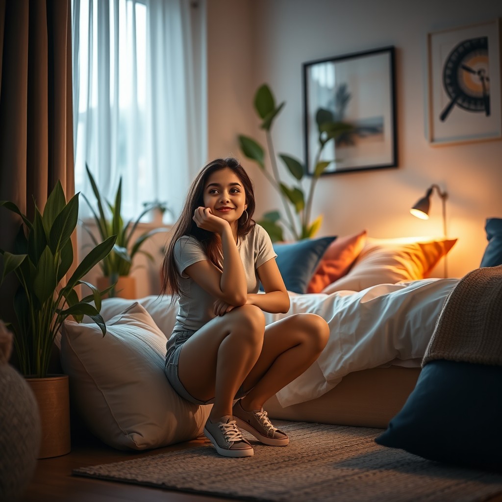 A creative depiction of a young woman in a stylish bedroom, taking a moment to reflect while squatting in a corner