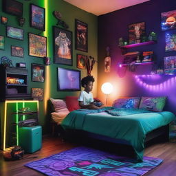 An African American kid in a dynamic gaming-themed bedroom. Features include a gaming setup by the wall, shimmering RGB lighting, and an anime-theme bedspread. The room emits a cool, quirky charm.