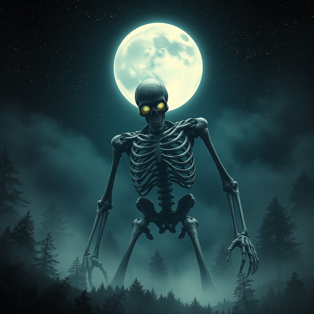 A mythical gashadokuro, a giant skeletal figure made of bones, towering over a moonlit landscape