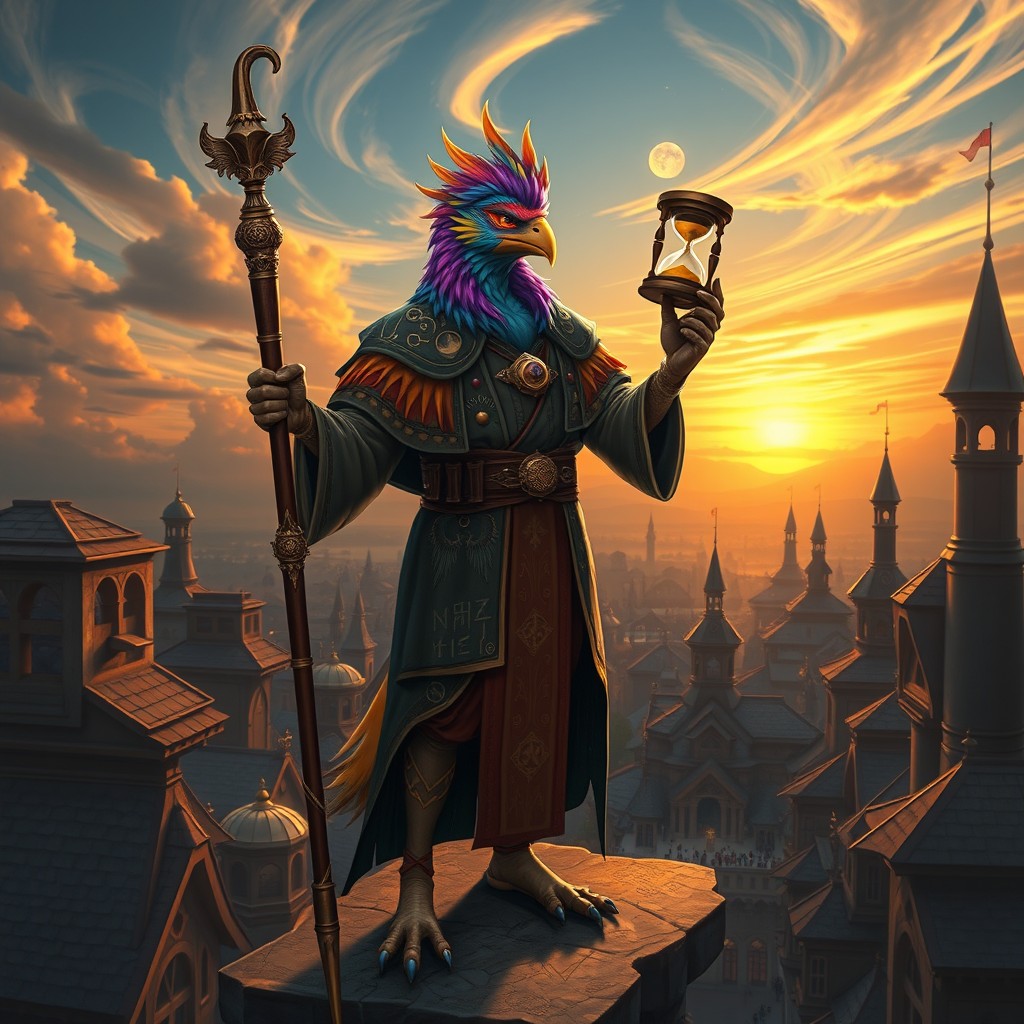 A male Aarokocra chrono wizard with vibrant, colorful plumage, wearing elegant robes adorned with runes and celestial motifs