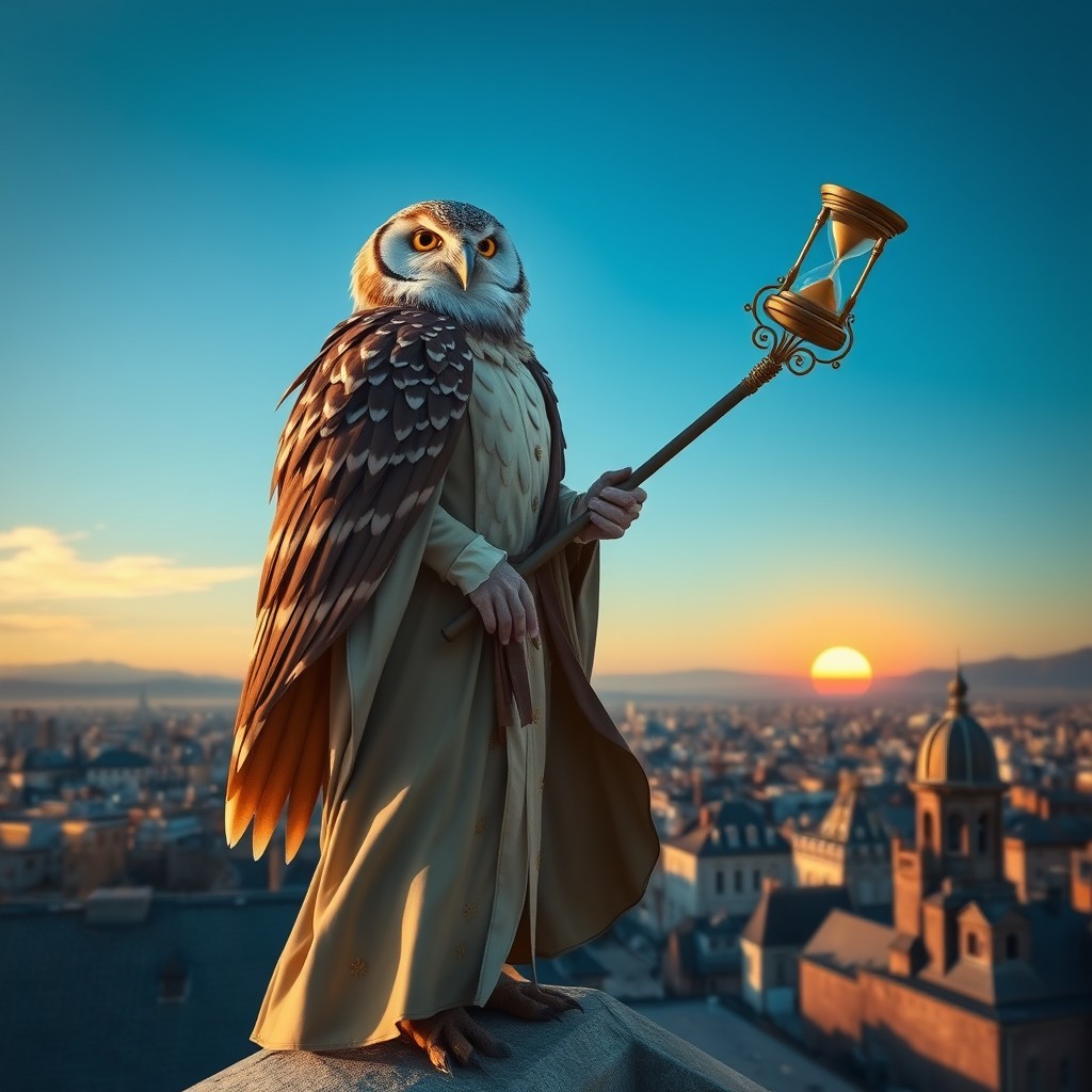 A male owl Aarakocra chrono wizard with striking, feathered plumage in shades of brown and white, standing proudly atop a rooftop